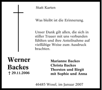 Traueranzeige von Werner Backes von Tageszeitung