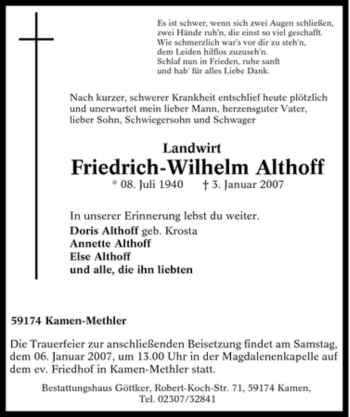Traueranzeige von Friedrich-Wilhelm Althoff von Tageszeitung