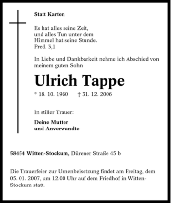 Traueranzeige von Ulrich Tappe von Tageszeitung