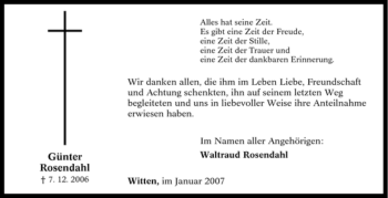 Traueranzeige von Günter Rosendahl von Tageszeitung
