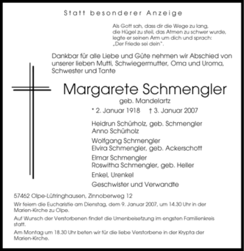 Traueranzeige von Margarete Schmengler von Tageszeitung