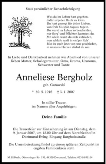 Traueranzeige von Anneliese Bergholz von Tageszeitung