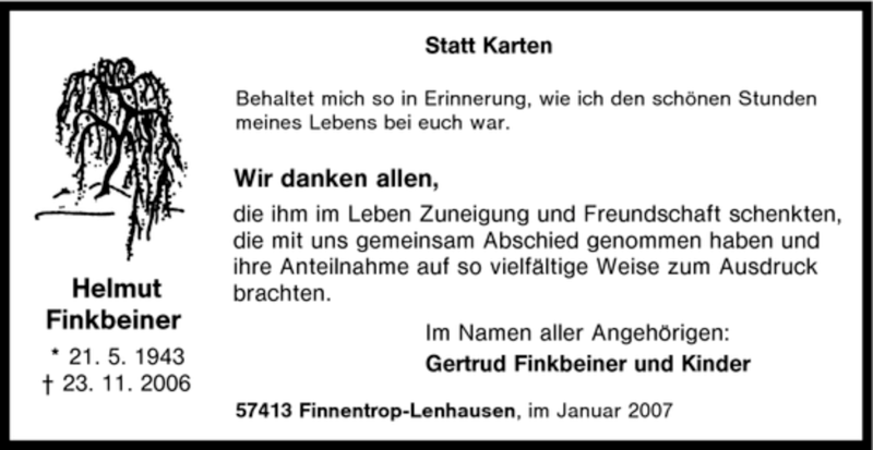 Traueranzeige für Helmut Finkbeiner vom 08.01.2007 aus Tageszeitung