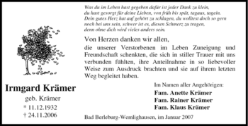 Traueranzeige von Irmgard Krämer von Tageszeitung