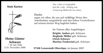 Traueranzeige von Heinz Günter Schwarz von Tageszeitung