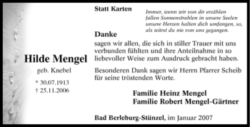 Traueranzeige von Hilde Mengel von Tageszeitung