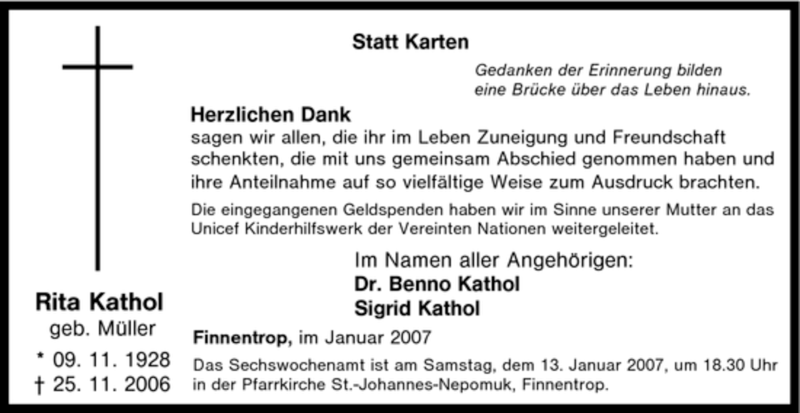  Traueranzeige für Rita Kathol vom 08.01.2007 aus Tageszeitung