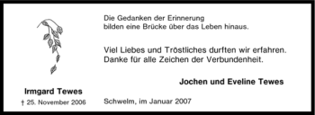 Traueranzeige von Irmgard Tewes von Tageszeitung