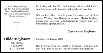 Traueranzeige von Hilde Maybaum von Tageszeitung
