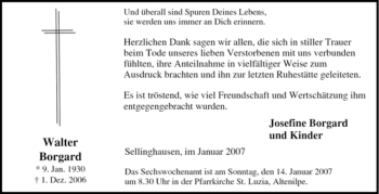 Traueranzeige von Walter Borgard von Tageszeitung
