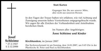 Traueranzeige von Josef Schleime von Tageszeitung