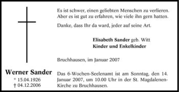 Traueranzeige von Werner Sander von Tageszeitung