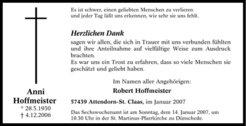 Traueranzeige von Anni Hoffmeister von Tageszeitung