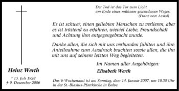 Traueranzeige von Heinz Werth von Tageszeitung