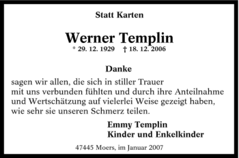 Traueranzeige von Werner Templin von Tageszeitung