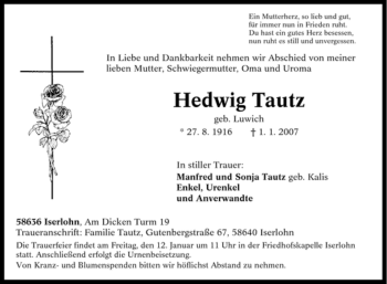 Traueranzeige von Hedwig Tautz von Tageszeitung