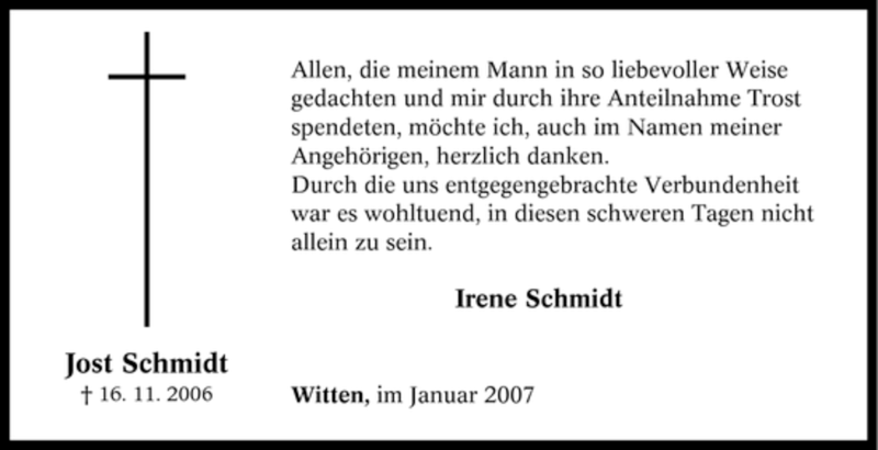  Traueranzeige für Jost Schmidt vom 08.01.2007 aus Tageszeitung