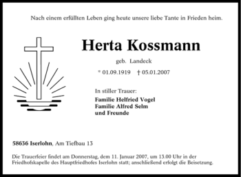 Traueranzeige von Herta Kossmann von Tageszeitung