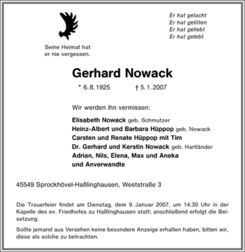 Traueranzeige von Gerhard Nowack von Tageszeitung