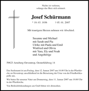 Traueranzeige von Josef Schürmann von Tageszeitung