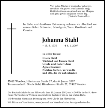 Traueranzeige von Johanna Stahl von Tageszeitung