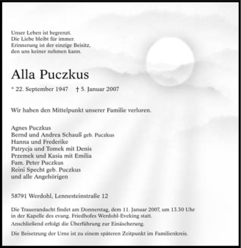 Traueranzeige von Alla Puczkus von Tageszeitung