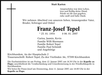 Traueranzeige von Franz-Josef Tepel von Tageszeitung