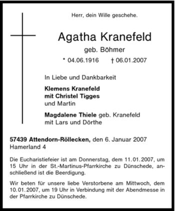 Traueranzeige von Agatha Kranefeld von Tageszeitung