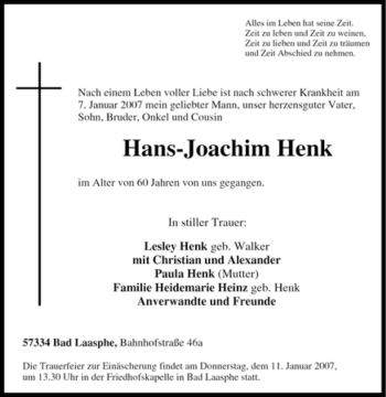 Traueranzeige von Hans-Joachim Henk von Tageszeitung