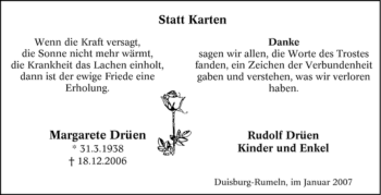 Traueranzeige von Margarete Drüen von Tageszeitung