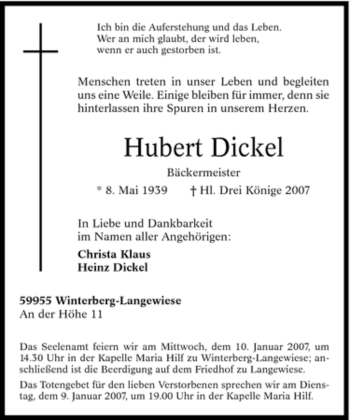 Traueranzeige von Hubert Dickel von Tageszeitung