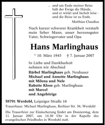 Traueranzeige von Hans Marlinghaus von Tageszeitung