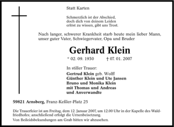 Traueranzeige von Gerhard Klein von Tageszeitung