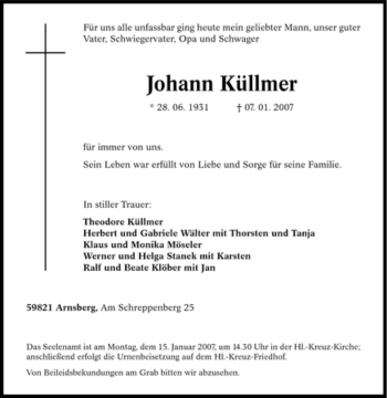 Traueranzeige von Johann Küllmer von Tageszeitung