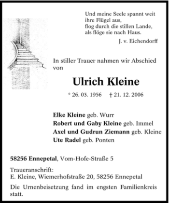 Traueranzeige von Ulrich Kleine von Tageszeitung