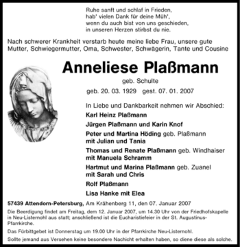 Traueranzeige von Anneliese Plaßmann von Tageszeitung