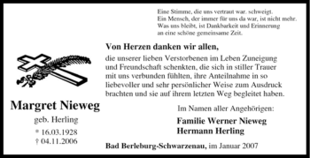 Traueranzeige von Margret Nieweg von Tageszeitung
