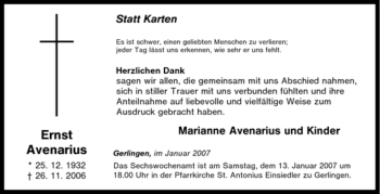 Traueranzeige von Ernst Avenarius von Tageszeitung