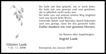 Traueranzeige von Günter Lask von Tageszeitung