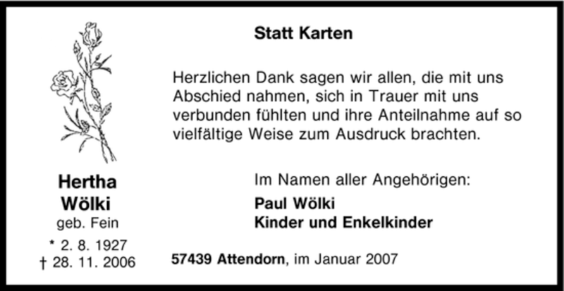  Traueranzeige für Hertha Wölki vom 10.01.2007 aus Tageszeitung
