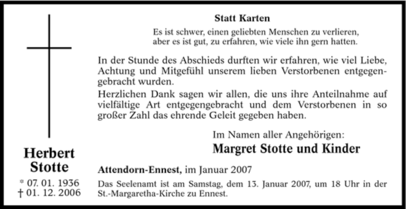  Traueranzeige für Herbert Stotte vom 10.01.2007 aus Tageszeitung