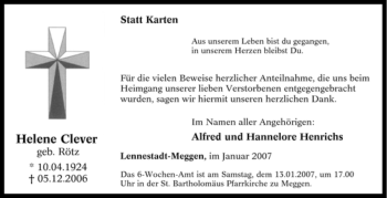 Traueranzeige von Helene Clever von Tageszeitung