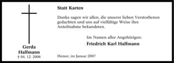 Traueranzeige von Gerda Halfmann von Tageszeitung