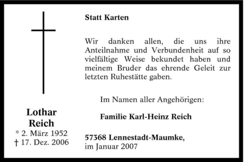  Traueranzeige für Lothar Reich vom 10.01.2007 aus Tageszeitung