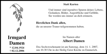 Traueranzeige von Irmgard Damen von Tageszeitung