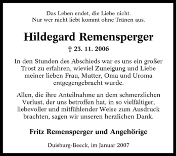 Traueranzeige von Hildegard Remensperger von Tageszeitung