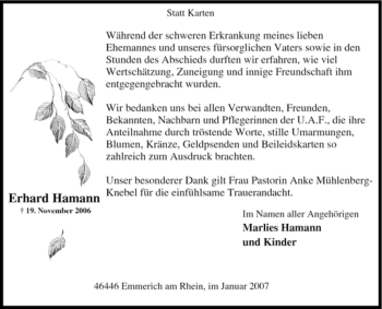 Traueranzeige von Erhard Hamann von Tageszeitung