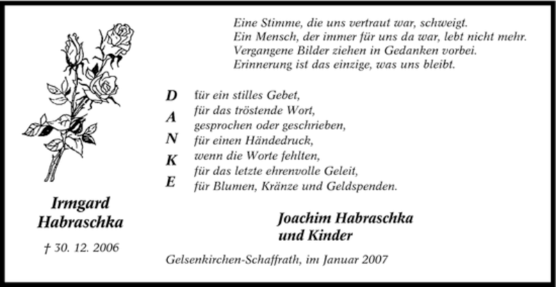  Traueranzeige für Irmgard Habraschka vom 10.01.2007 aus Tageszeitung
