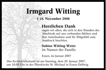 Traueranzeige von Irmgard Witting von Tageszeitung