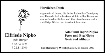 Traueranzeige von Elfriede Nipko von Tageszeitung